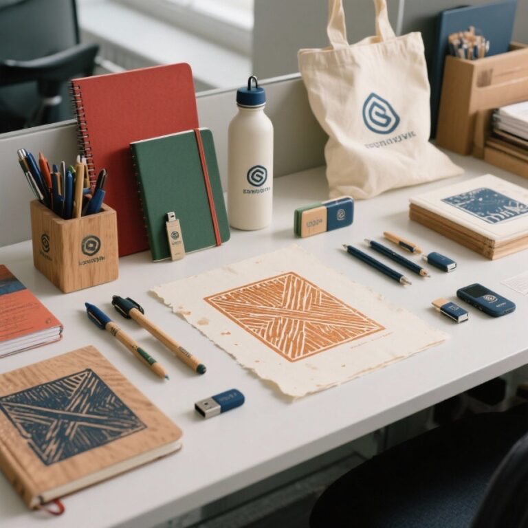 Des stylos personnalisés, des carnets recyclés et des tote bags en coton bio alignés sur une table de présentation