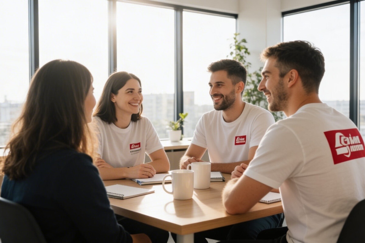 Salariés portant des t-shirts publicitaires de leurs entreprises