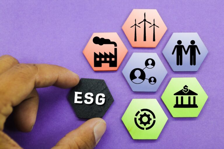 Main d'une personne tenant un hexagone avec le concept ESG ou environnemental, social et de gouvernance