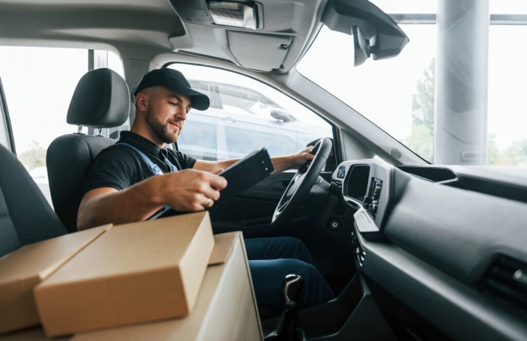 Un livreur assis dans une voiture avec des colis