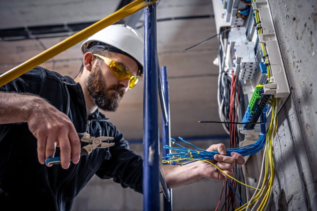 Un électricien qui travaille sur un tableau électrique