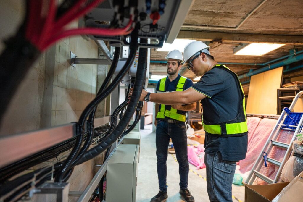 Des ingénieurs qui inspectent les câbles électriques branchés dans un bâtiment