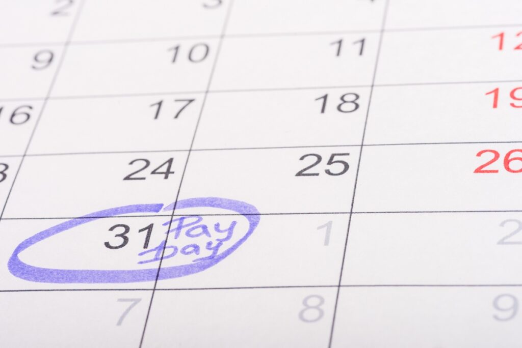 Page de calendrier avec le jour de paiement