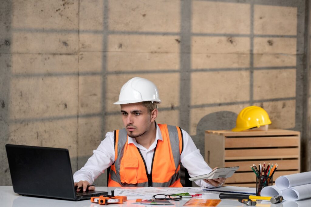 Un ouvrier travaillant dans un bureau avec un ordinateur