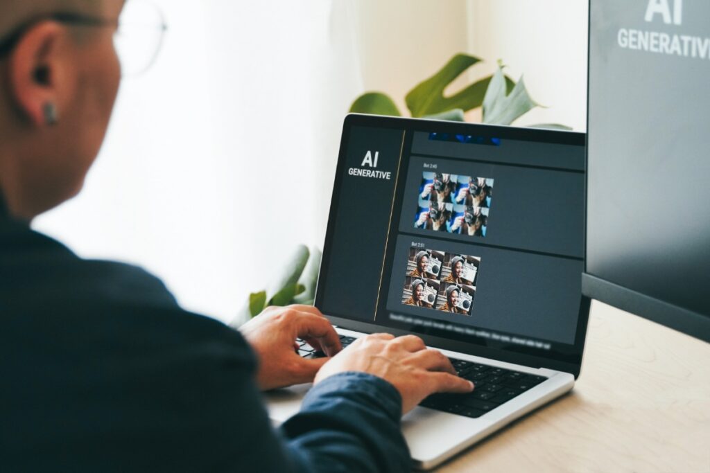 Un homme travaillant sur son ordinateur avec une application de génération d'images sur l'IA