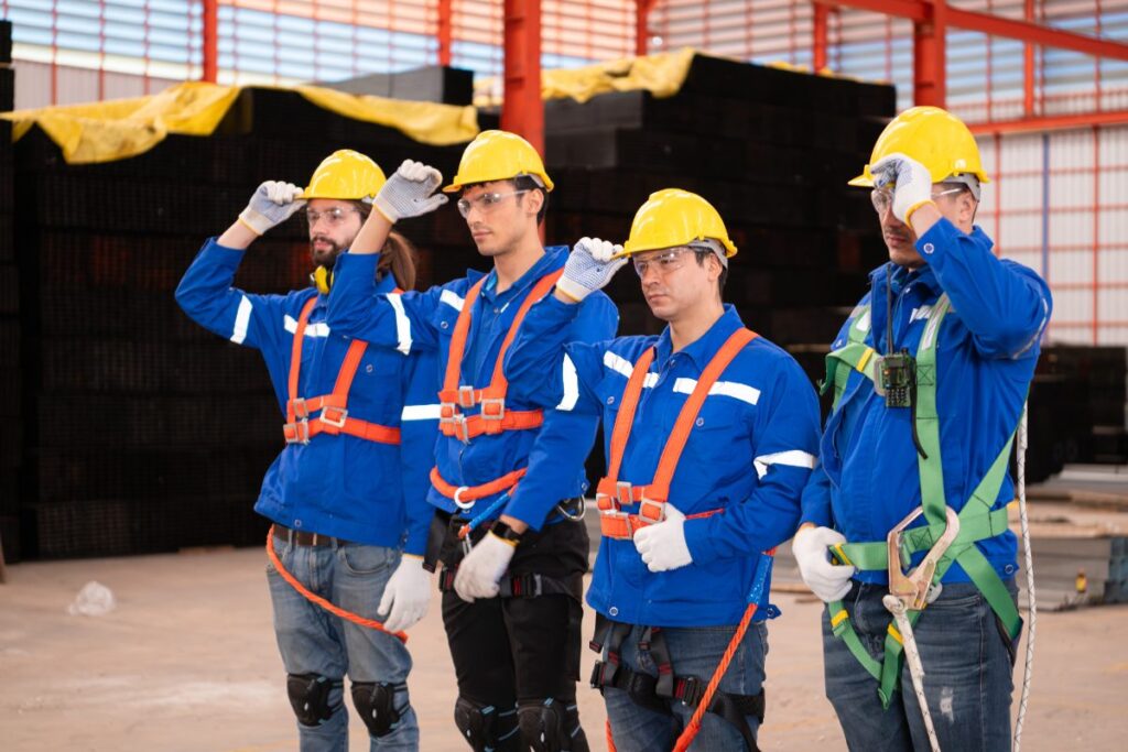 Des ouvriers en tenue et portant des casques de sécurité sur le chantier